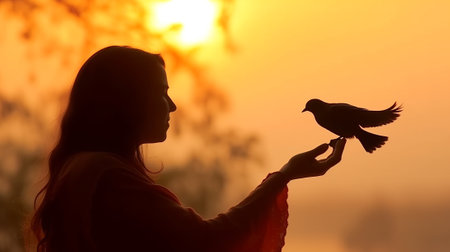 Silhouette of a girl holding a bird in her hand.の素材