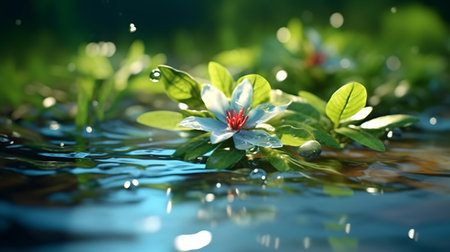 Blue dahlia with water splash on blue backgroundの素材