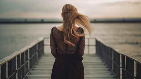 Beautiful girl in a long dress standing on a country road.の素材