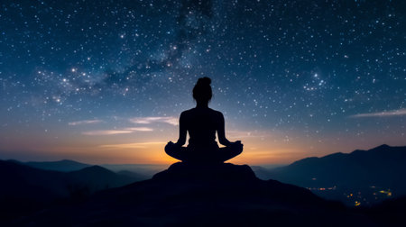 Silhouette of woman practicing yoga on the top of the mountain at nightの素材
