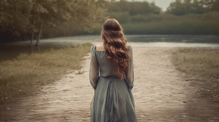 Beautiful girl in a long dress standing on a country road.の素材