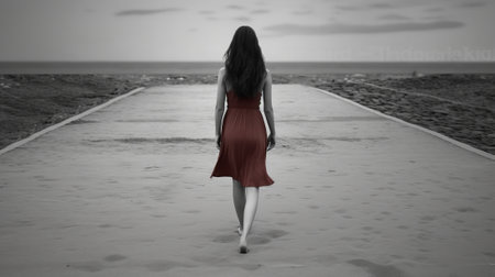 Beautiful girl in a long dress standing on a country road.の素材