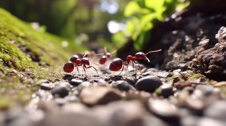 Ants in nature. Red Ants on the ground in the forest.の素材