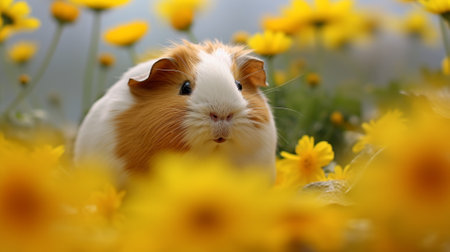 Hamster and yellow chrysanthemum background, top viewの素材