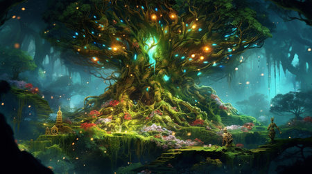 Digital painting of an old tree in a fantasy landscapeの素材