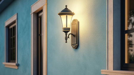 Outdoor exterior luxury lamp on wooden wallの素材