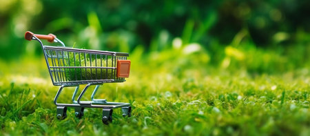Shopping cart on green grass background. Online shopping concept. Web banner.の素材