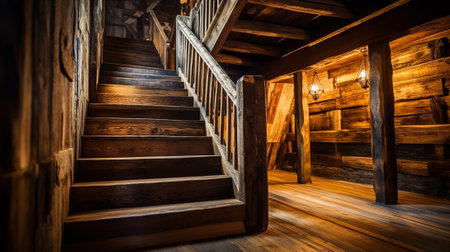 Wooden stairs with candles in a wooden houseの素材