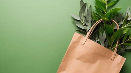 Zero waste concept. Paper bag with green leaves on a green backgroundの素材