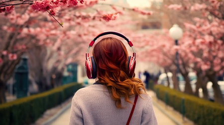 Blonde girl with headphones listening to music in the city. Cherry blossom.の素材