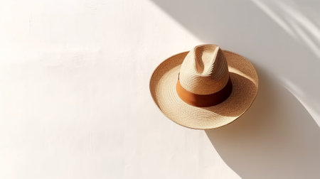 Straw hat on a white background. Top view. Flat lay.の素材