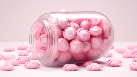 Easter eggs with pink flowers in glass jar.の素材