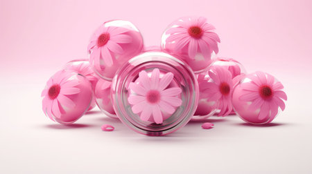 Easter eggs with pink flowers in glass jar.の素材