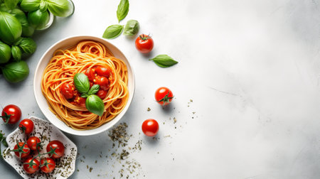 Spaghetti with tomato sauce and basil on white table, top viewの素材