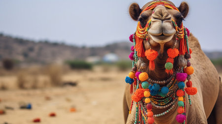 Camel with colorful necklaces in the desert. Selective focus.の素材