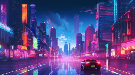Futuristic cyberpunk city with blue and pink light trailの素材
