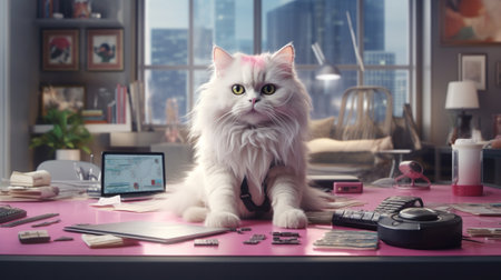 Cute white persian cat sitting on pink table at home officeの素材