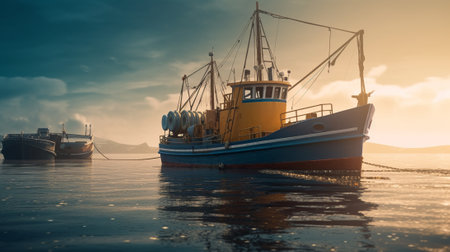 Fishing boat in the harbor at sunset. Beautiful nature background.の素材