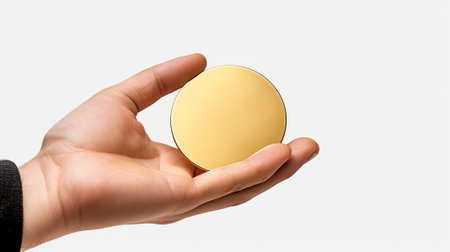 Female hand holding a gold coin on a white backgroundの素材