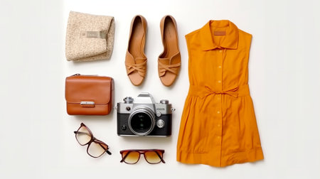 Women's clothing and accessories on a white background. Top view.の素材