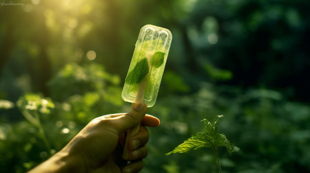 Close-up of female hand holding ice lolly with mint leaves and limeの素材