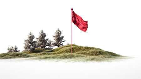 red flag on a golf course with green grassの素材