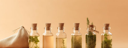 Bottles of olive oil with green leaves on beige background, bannerの素材