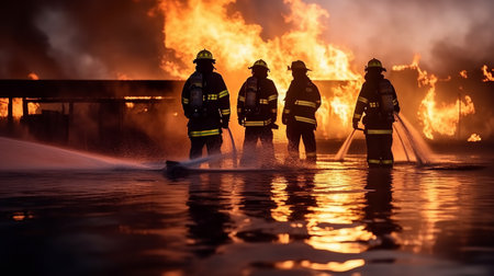 Firefighters fighting a fire at night. Firefighters fighting a fire.の素材