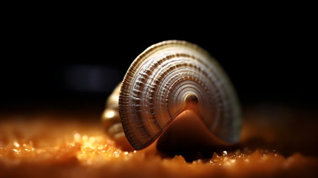 Beautiful sea shell on a black background. Close-up.の素材