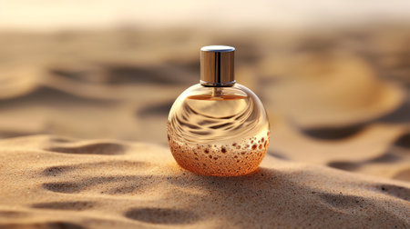 Perfume bottle on the beach. Summer concept. Selective focus.の素材