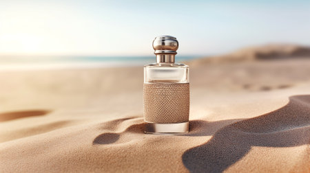 Perfume bottle on the beach. Summer concept. Selective focus.の素材