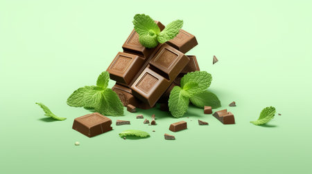 Chocolate bar with mint leaves on green background. Top view.の素材