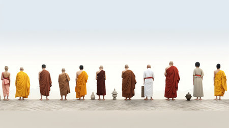 Buddhist monk standing in front of a group of statues of Buddhaの素材