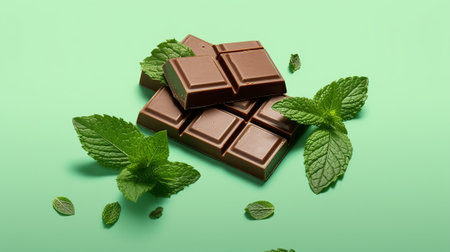 Chocolate bar with mint leaves on green background. Top view.の素材