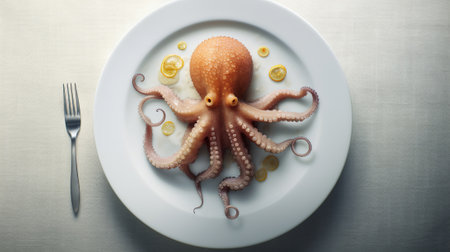 Top view of octopus on white plate with fork and knife on tableの素材