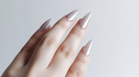 Female hand with white nail design. Female hand with white nail design.の素材