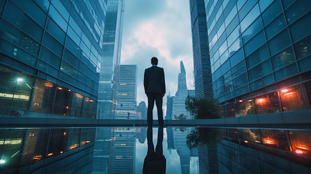 Businessman standing on the edge of a skyscraper in the eveningの素材