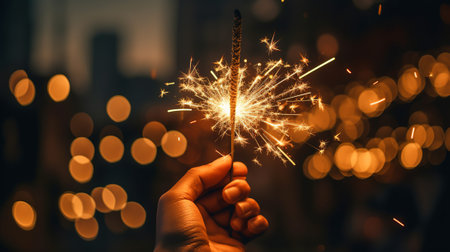 Burning sparkler in hand on bokeh background. New year conceptの素材