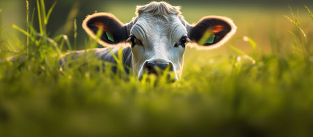 Photo of a cow peeking out and behind it with a blurry background and the green grass also has sparkling lightの素材