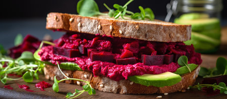 Vegan sandwiches with beetroot hummusの素材