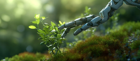 Robot hand holding small plants with Environment iconの素材