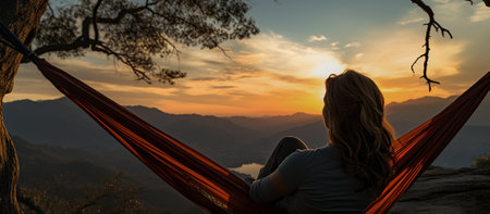 Woman hiker resting after climbing in a hammock at sunsetの素材