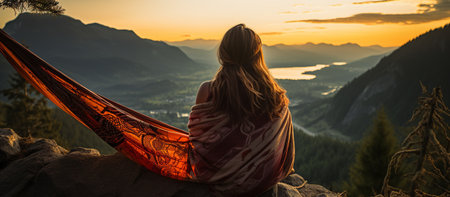 Woman hiker resting after climbing in a hammock at sunsetの素材