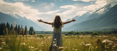 Woman embracing life standing outside in beautiful meadowの素材