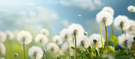 White fluffy dandelions, natural green blurred spring backgroundの素材