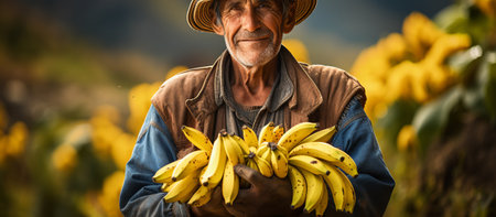 Farmer holding banana fruitの素材