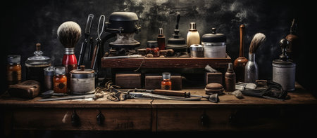 On a black dusty surface are old barber tools.の素材