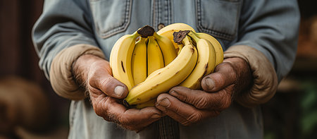 Farmer holding banana fruitの素材