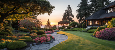 Park outdoor manicured lawn and flowerbed at sunrise viewの素材