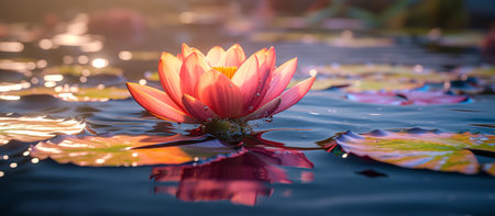Red lotus water lily blooming on water surface with sunshineの素材
